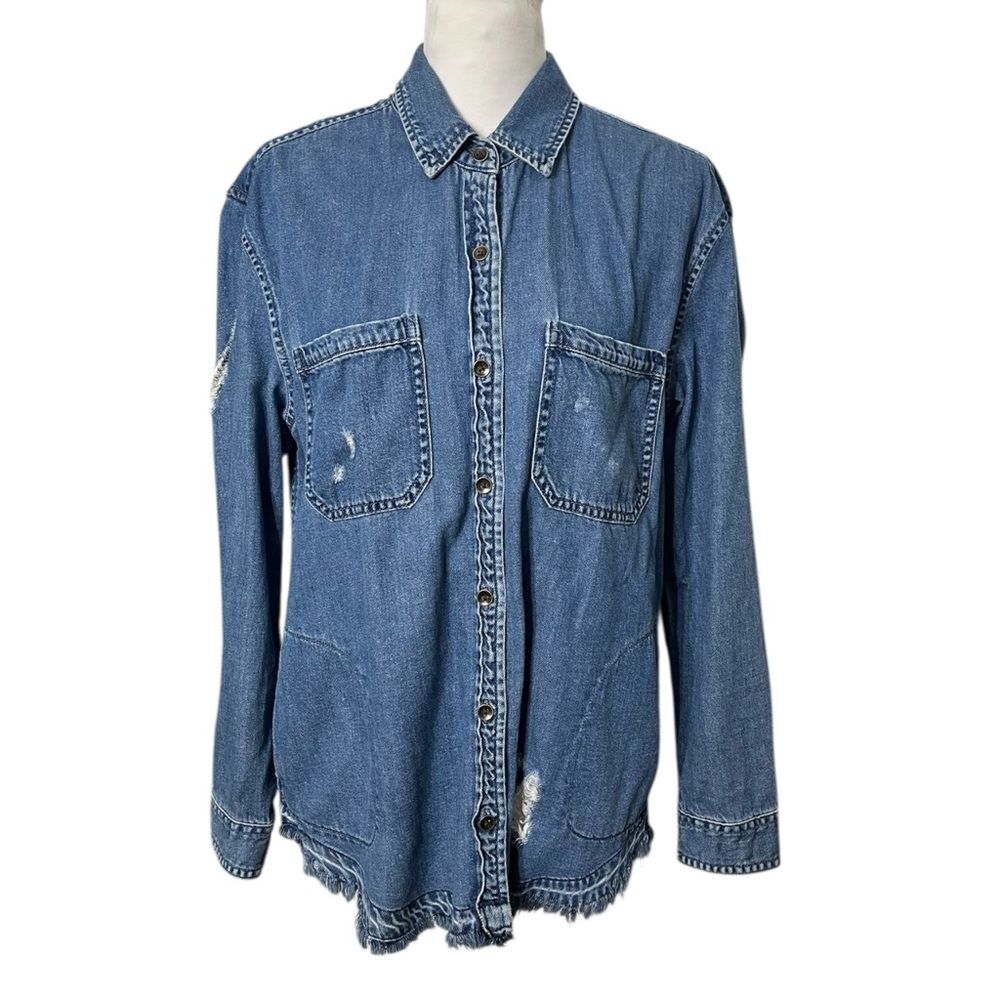 American Eagle Oversized Denim Jacket Women's Medium Blue Distressed Street - Picture 2 of 10